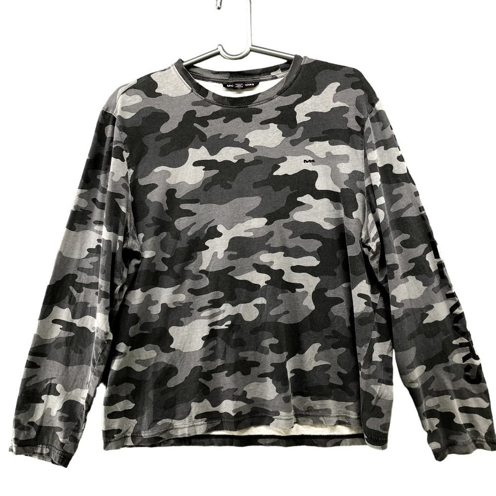Michael Kors Long Sleeve T Shirt Mens Large L Camo Gray Logo Cotton Crewneck